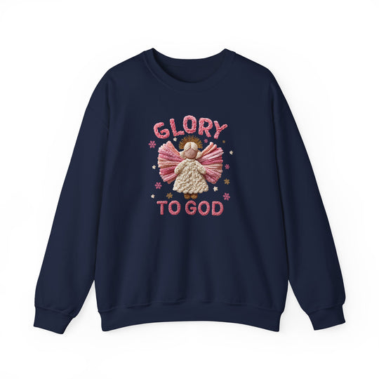 Navy-blue Glory to God Crew sweatshirt with a knitted-yarn angel graphic, pink wings, halo, stars, and yarn-style lettering. Comfortable, durable cotton-polyester blend.