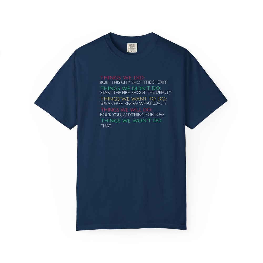 Navy-blue Won't Do That Tee featuring multi-colored text playing on famous song titles, made from 100% ring-spun cotton with a relaxed fit.