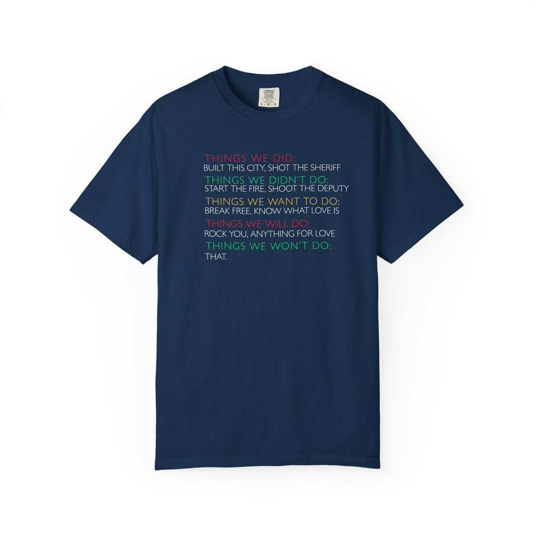 Navy-blue Won't Do That Tee featuring multi-colored text playing on famous song titles, made from 100% ring-spun cotton with a relaxed fit.