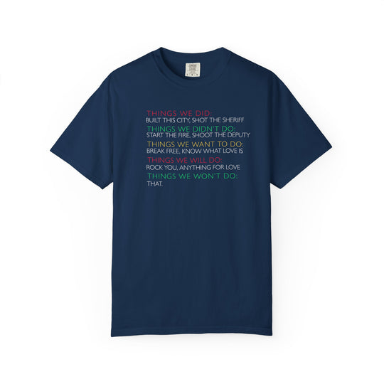 Navy-blue Won't Do That Tee featuring multi-colored text playing on famous song titles, made from 100% ring-spun cotton with a relaxed fit.
