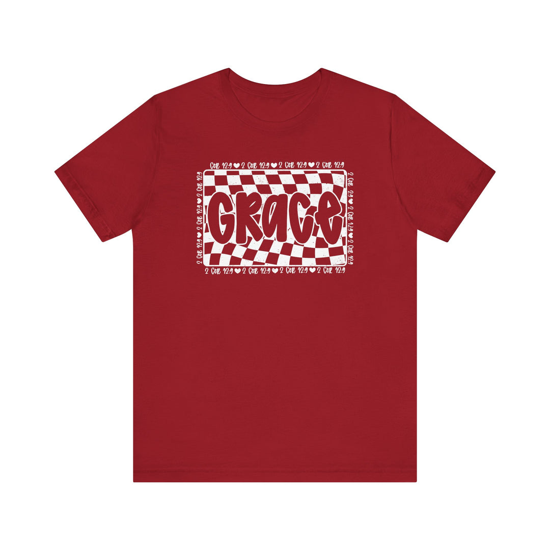 Grace Tee: Red unisex jersey short sleeve t-shirt with white text, offering a classic fit and soft cotton feel, ideal for casual wear.