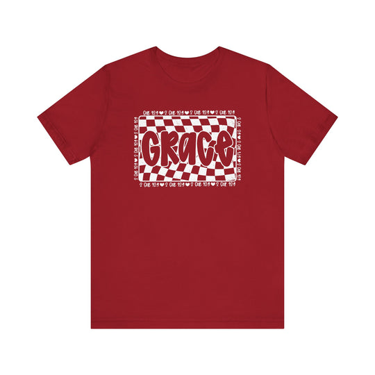Grace Tee: Red unisex jersey short sleeve t-shirt with white text, offering a classic fit and soft cotton feel, ideal for casual wear.