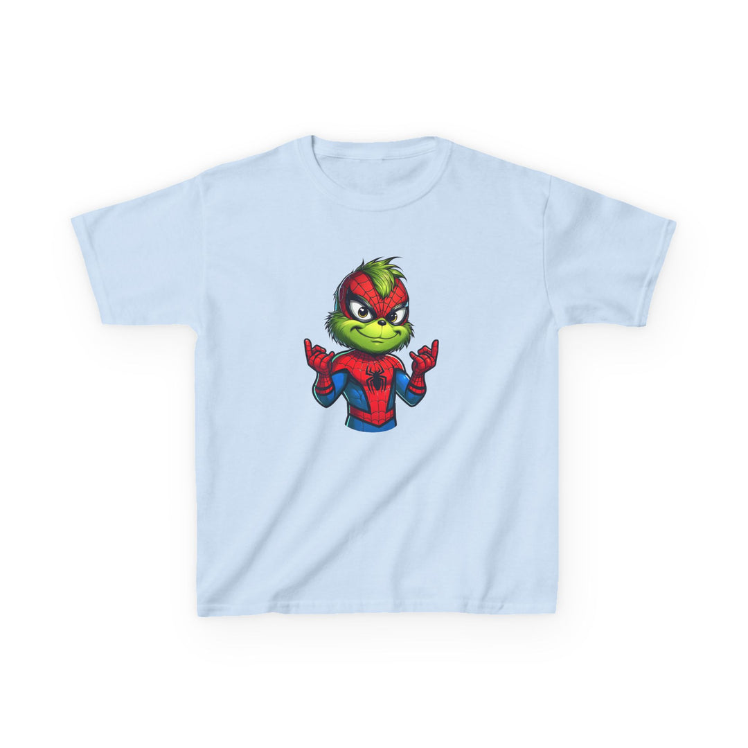 Christmas Spider Kids Tee featuring Grinch in Spider-Man costume, showcasing web-shooting gesture. Made of durable, soft cotton for everyday comfort and style.