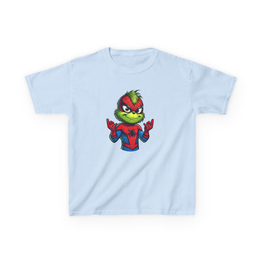 Christmas Spider Kids Tee featuring Grinch in Spider-Man costume, showcasing web-shooting gesture. Made of durable, soft cotton for everyday comfort and style.