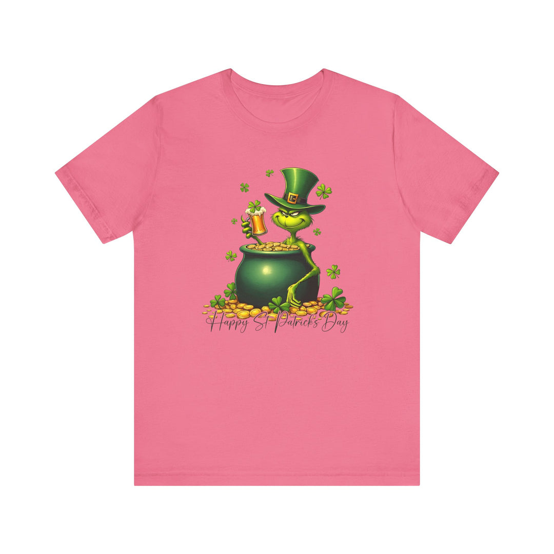 Grinchy St Patrick's Tee features a green leprechaun cartoon with a pot of gold on a pink shirt, offering a playful, unique graphic design.