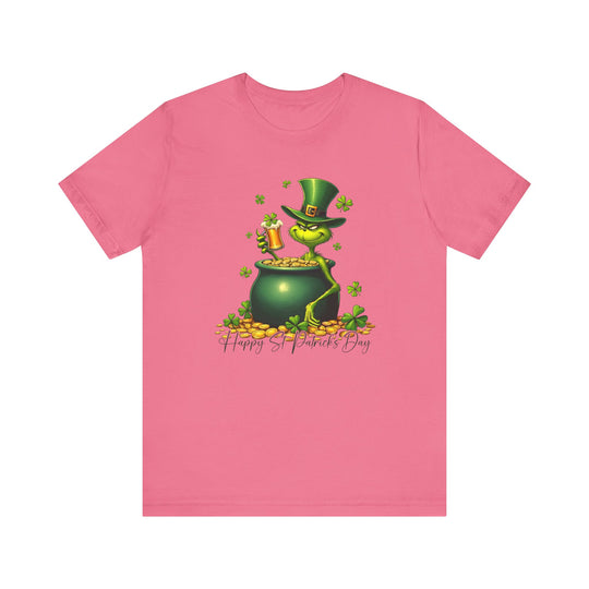 Grinchy St Patrick's Tee features a green leprechaun cartoon with a pot of gold on a pink shirt, offering a playful, unique graphic design.