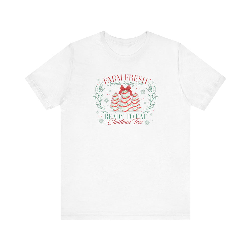 Farm Fresh Cookies Tee: White T-shirt featuring festive red and mint-green graphic of frosting trees with sprinkles, bow, leafy sprigs, and snowflakes.