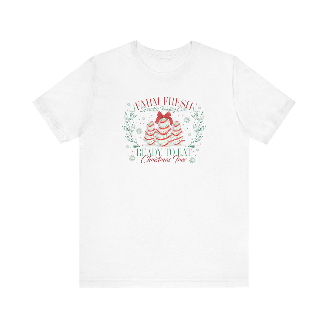 Farm Fresh Cookies Tee: White T-shirt featuring festive red and mint-green graphic of frosting trees with sprinkles, bow, leafy sprigs, and snowflakes.