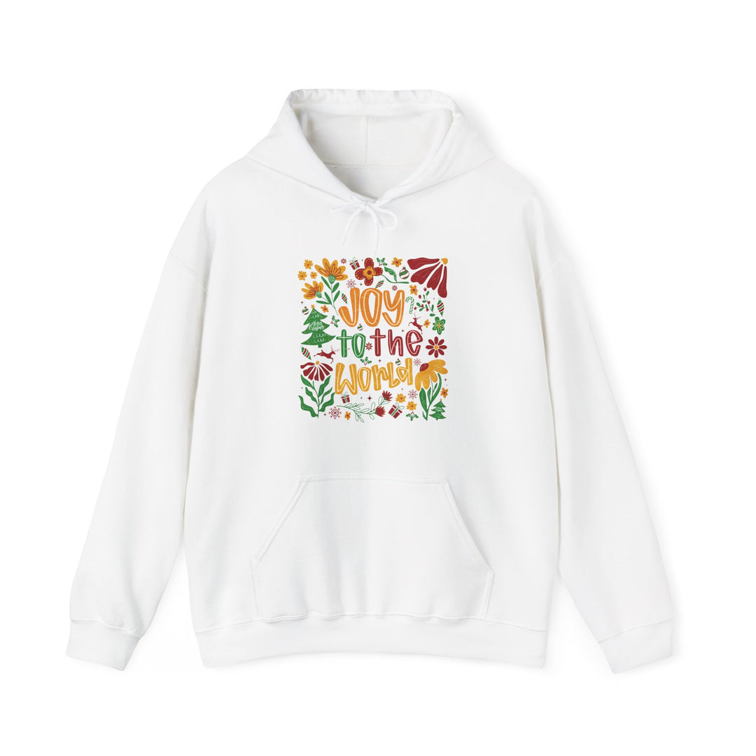 Joy to the World Hoodie features a multicolored festive graphic on a white pullover with kangaroo pocket and drawstring hood, offering warmth and style.