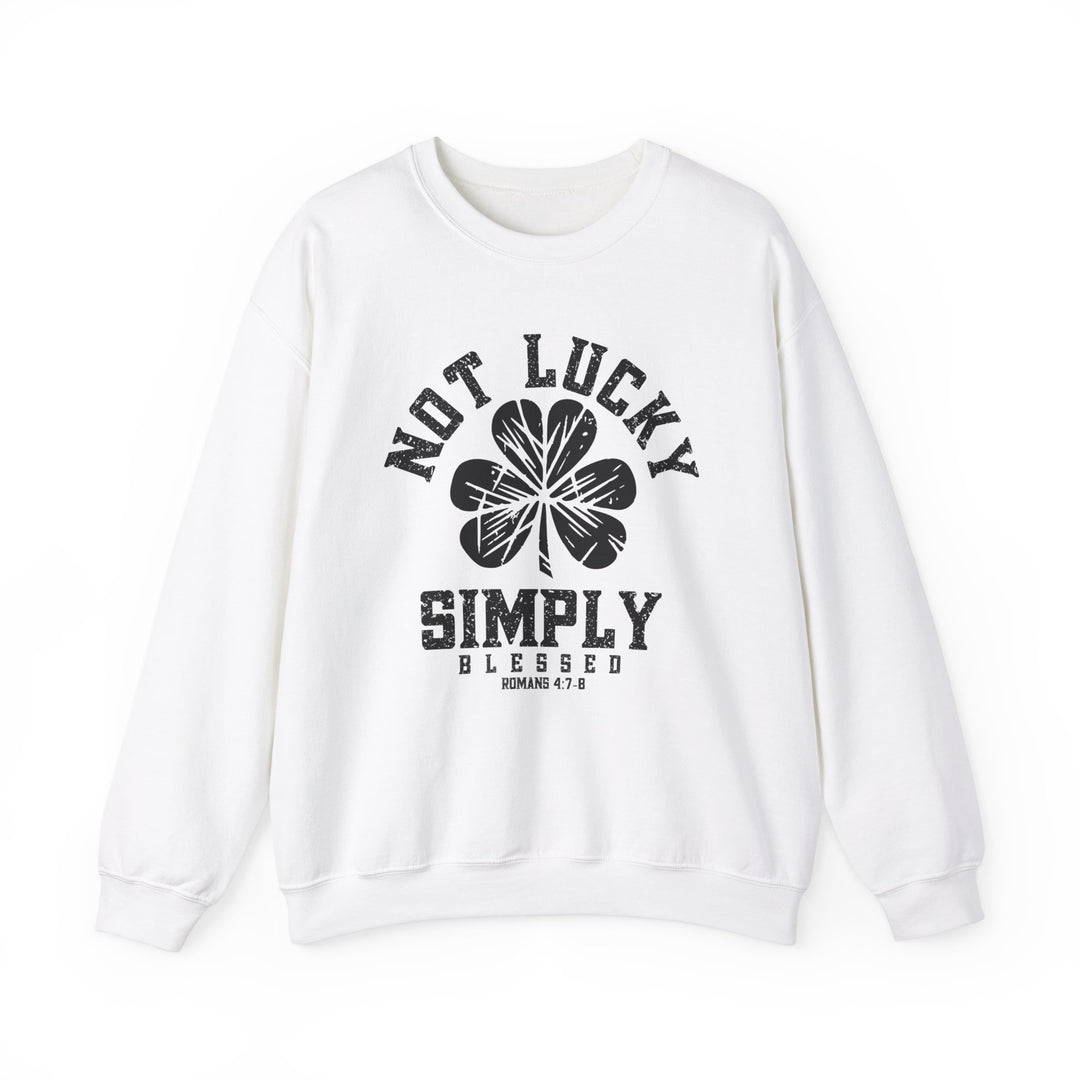 Not Lucky Crew sweatshirt featuring a prominent four-leaf clover design, made from a comfortable polyester-cotton blend with a ribbed collar and no side seams.