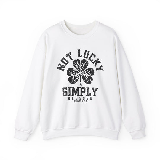 Not Lucky Crew sweatshirt featuring a prominent four-leaf clover design, made from a comfortable polyester-cotton blend with a ribbed collar and no side seams.