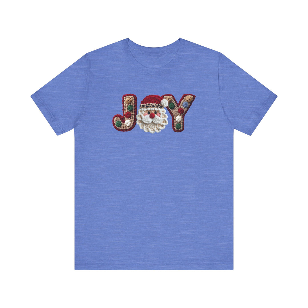 Heather-blue Joy tee with yarn-style J and Y, Santa-face as O, featuring ribbed collars and dual side seams for lasting shape.