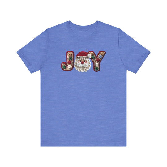 Heather-blue Joy tee with yarn-style J and Y, Santa-face as O, featuring ribbed collars and dual side seams for lasting shape.