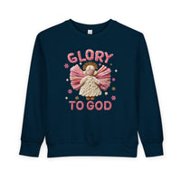 Navy-blue toddler crewneck featuring a Glory to God yarn-style angel graphic with cream, pink, and gold details, perfect for warmth and style.