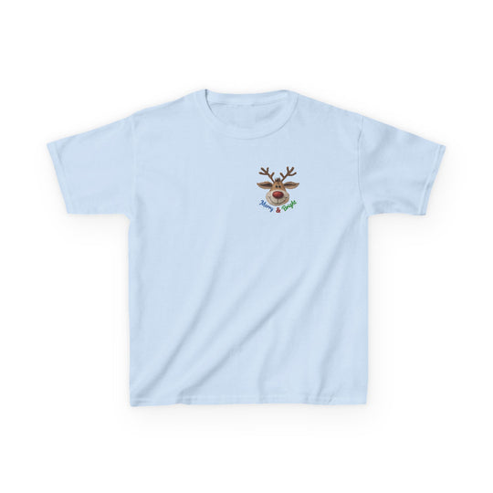 Kids' Merry & Bright light-blue tee featuring a cartoon reindeer with a red nose on the chest, perfect for everyday wear.