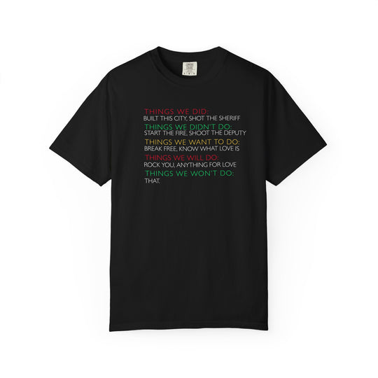 Black Won't Do That Tee features a playful list of song-title puns on the front, showcasing unique, humorous design on a comfortable, durable cotton shirt.