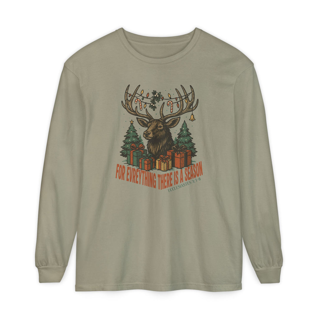 For Everything There is a Season Christmas Long Sleeve Tee featuring a stag with festive antler decor and scripture reference, perfect for casual, faith-inspired wear.