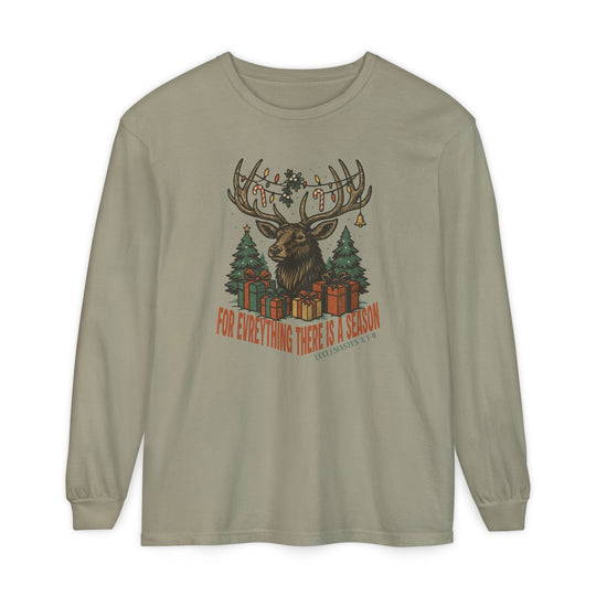 For Everything There is a Season Christmas Long Sleeve Tee featuring a stag with festive antler decor and scripture reference, perfect for casual, faith-inspired wear.
