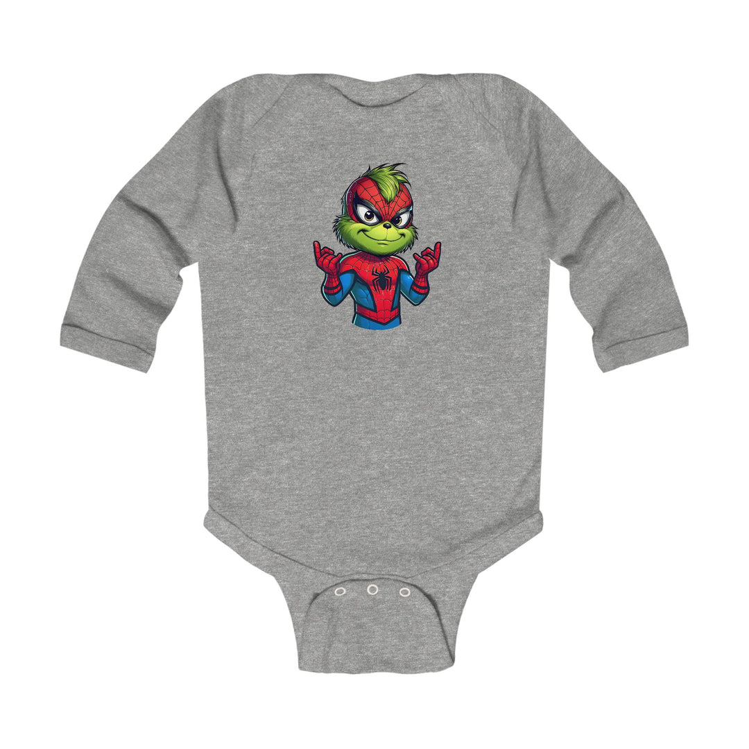 Heather-gray long-sleeve baby bodysuit featuring a small green creature in Spider-Man costume, with snap-button closures for easy changing. Christmas Spider Onesie by Faith Family Designs.