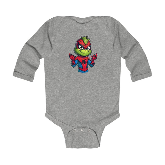 Heather-gray long-sleeve baby bodysuit featuring a small green creature in Spider-Man costume, with snap-button closures for easy changing. Christmas Spider Onesie by Faith Family Designs.