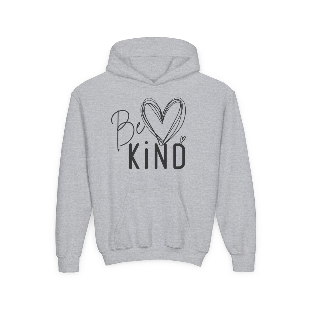 Be Kind Youth Hoodie with Be KIND graphic, featuring a heart design, flat-laid with kangaroo pocket and drawstring hood; soft, preshrunk fleece blend.