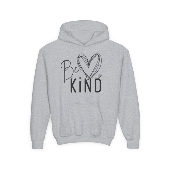 Be Kind Youth Hoodie with Be KIND graphic, featuring a heart design, flat-laid with kangaroo pocket and drawstring hood; soft, preshrunk fleece blend.