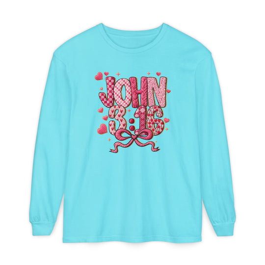 Light-blue 3:16 Long Sleeve Tee featuring John 3:16 in chunky letters with hearts and a pink bow, made of soft, 100% ring-spun cotton.