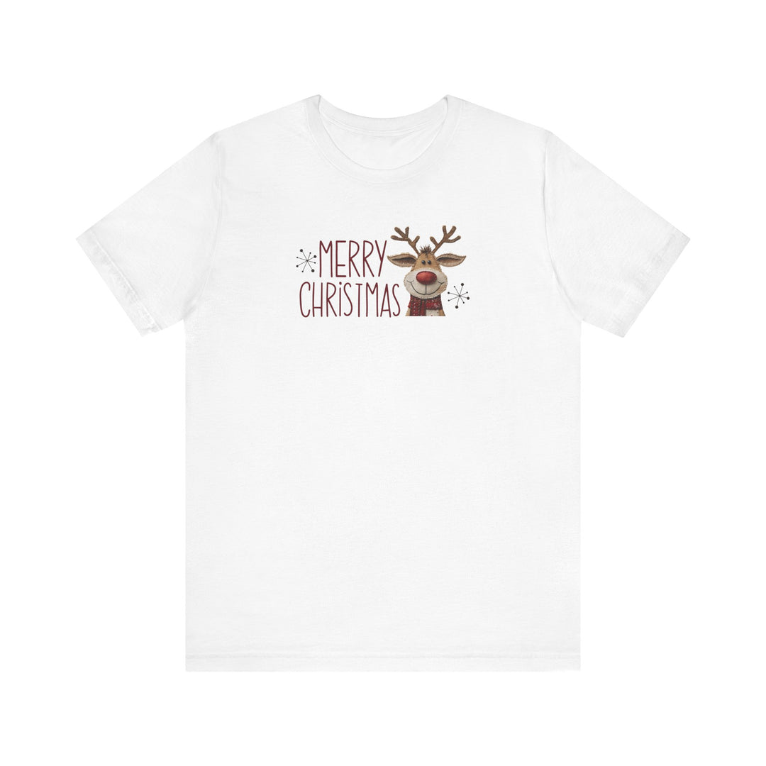 Merry Christmas Reindeer Tee featuring red MERRY CHRISTMAS text, snowflakes, and a cartoon reindeer with a scarf on a classic white T-shirt.