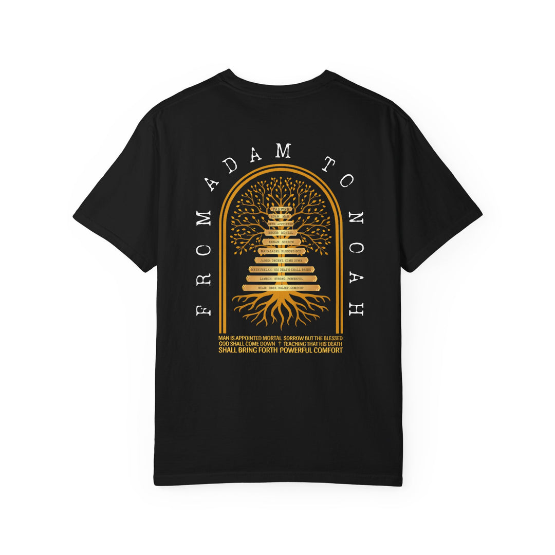Black T-shirt featuring a gold Tree of Life with names from Adam to Noah and a comforting quote, showcasing a unique graphic design.
