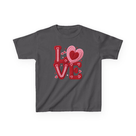Love Heart Kids Tee featuring LOVE in red and pink knit-style letters with a heart-shaped O and small hearts on a dark-gray cotton fabric.