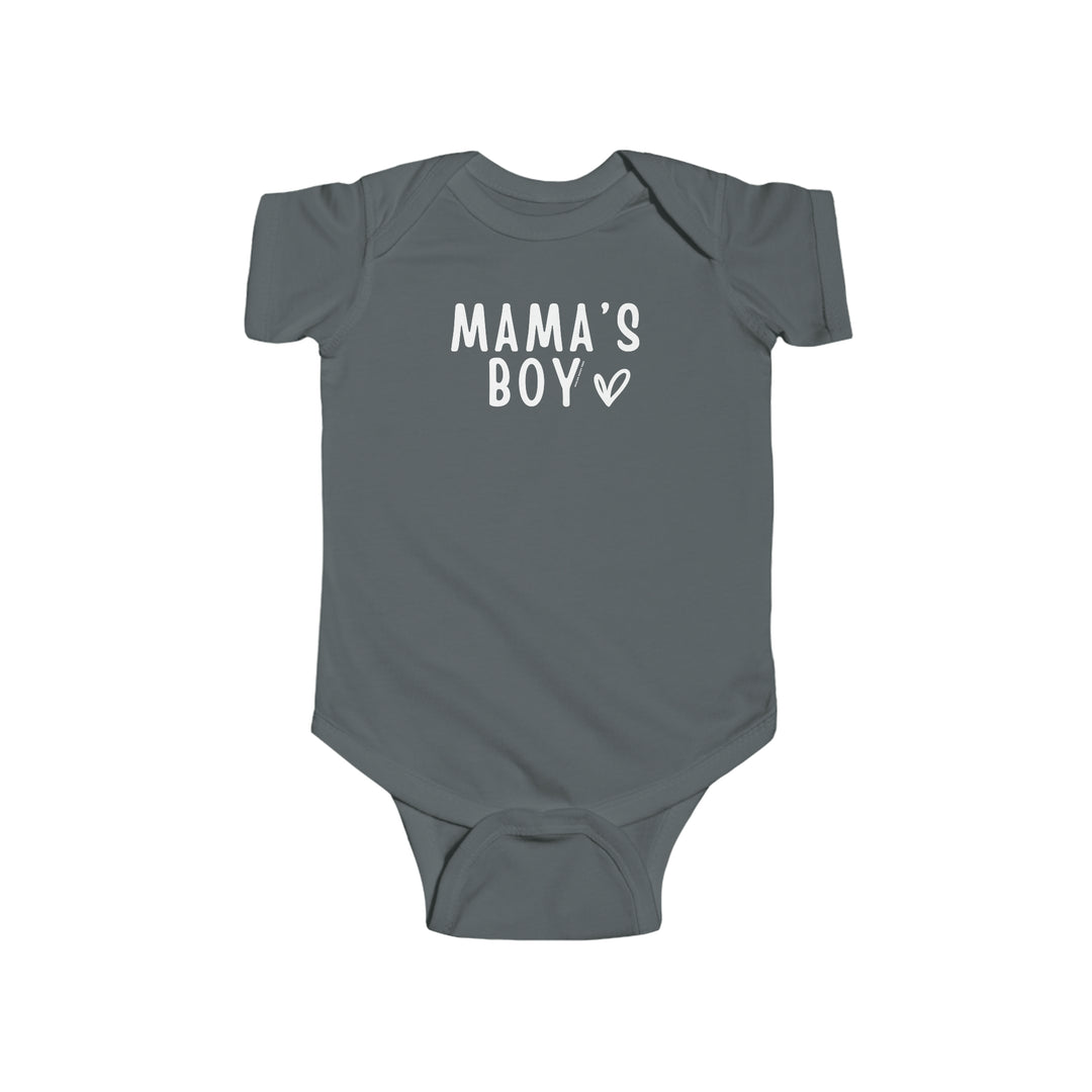 A grey baby bodysuit with white text, featuring Mama's Boy Onesie. Made of 100% cotton, light fabric, with ribbed knitting for durability and plastic snaps for easy changing access. From Worlds Worst Tees.