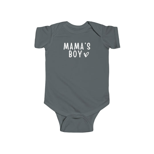 A grey baby bodysuit with white text, featuring Mama's Boy Onesie. Made of 100% cotton, light fabric, with ribbed knitting for durability and plastic snaps for easy changing access. From Worlds Worst Tees.