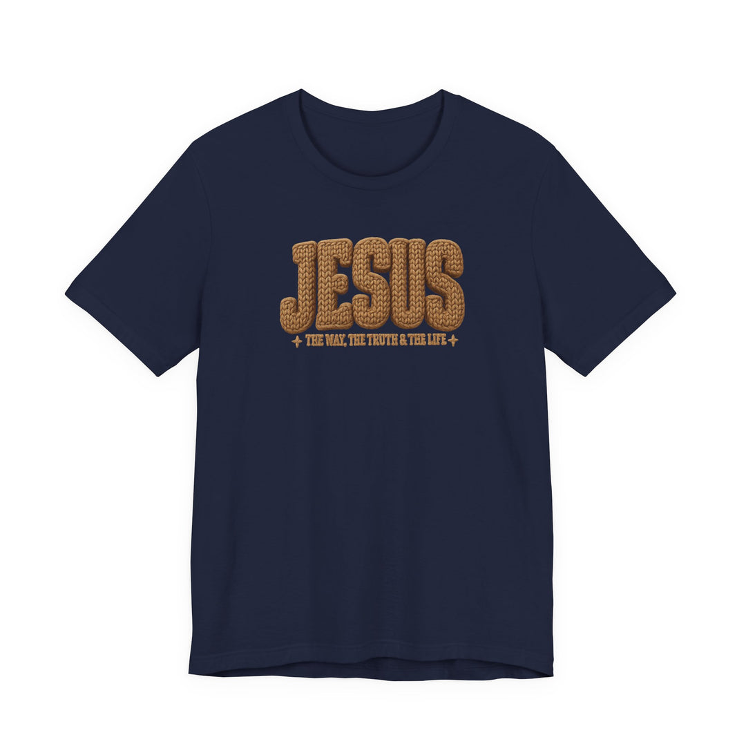 Navy-blue Jesus Tee with JESUS in rope-knit style and THE WAY, THE TRUTH & THE LIFE text, offering a soft, comfortable fit.