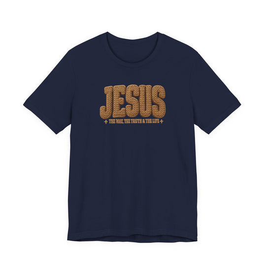 Navy-blue Jesus Tee with JESUS in rope-knit style and THE WAY, THE TRUTH & THE LIFE text, offering a soft, comfortable fit.