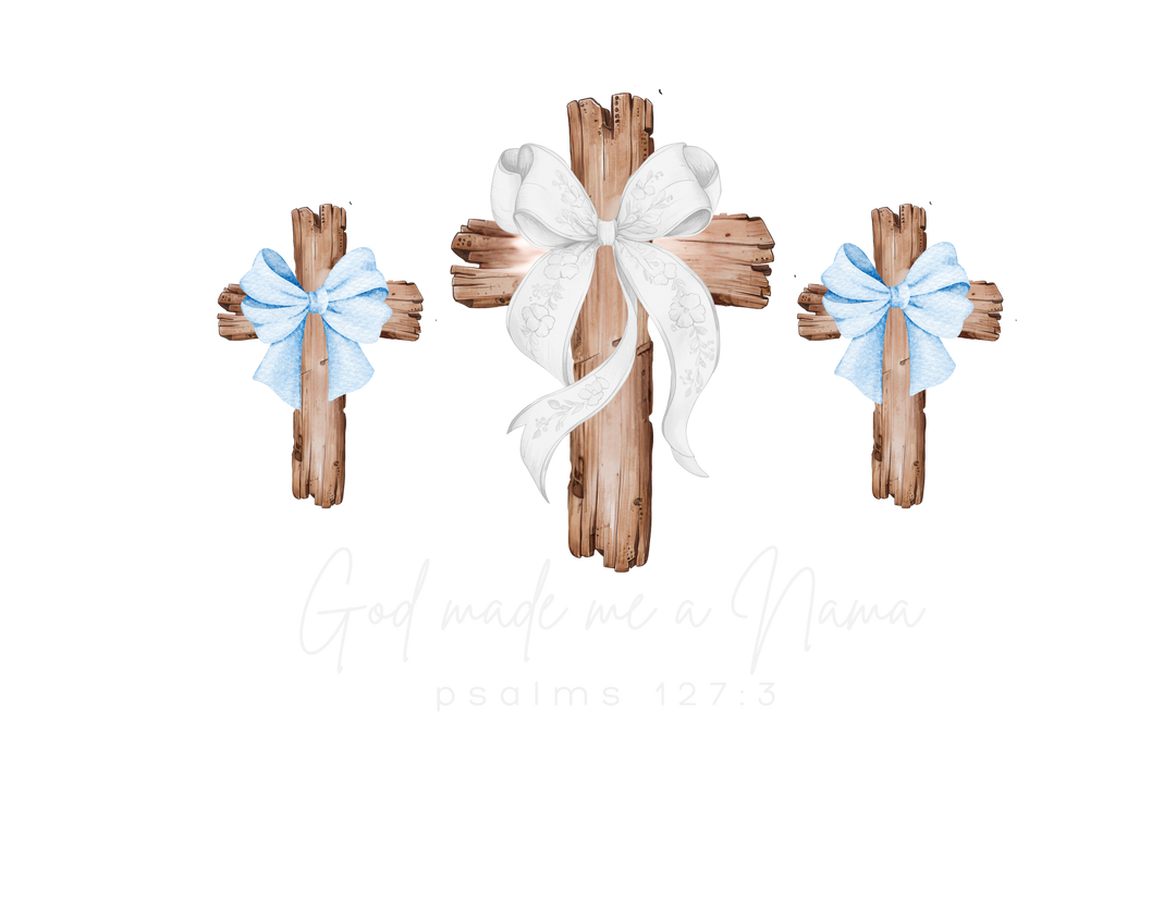 Three rustic wooden crosses with bows, featuring text God made me a Mama and psalms 127:3, on a Comfort Colors 1717 t-shirt.