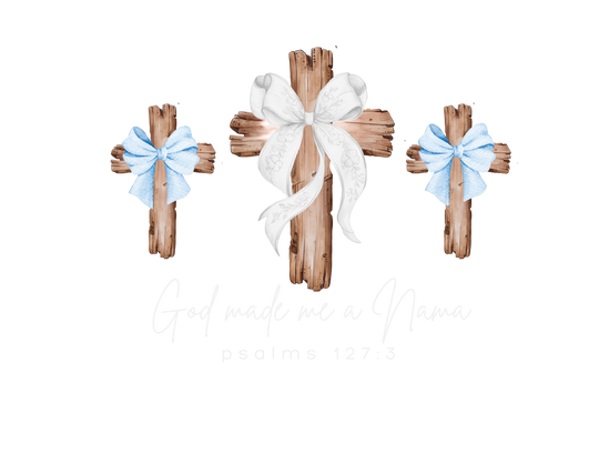 Three rustic wooden crosses with bows, featuring text God made me a Mama and psalms 127:3, on a Comfort Colors 1717 t-shirt.
