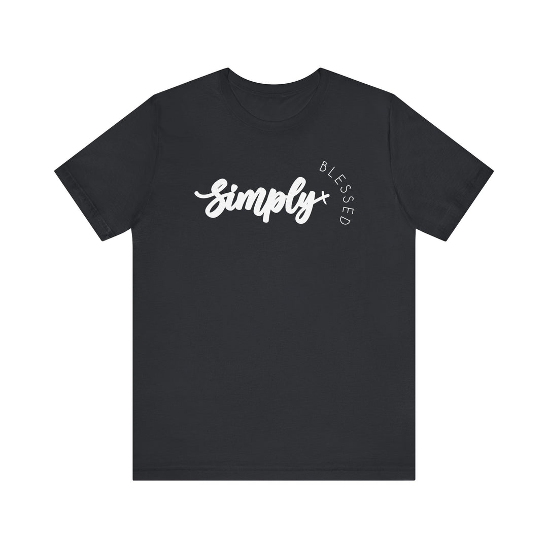 Simply Blessed Tee: Black unisex t-shirt featuring bold white text, designed for comfort with soft cotton and ribbed knit collars, available in various sizes.