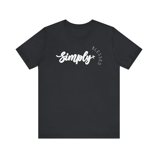 Simply Blessed Tee: Black unisex t-shirt featuring bold white text, designed for comfort with soft cotton and ribbed knit collars, available in various sizes.