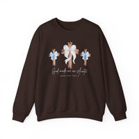 God Made Me an Auntie Crew sweatshirt featuring three wooden crosses with ribbons, script text, and a comfortable, unisex design from Faith Family Designs.