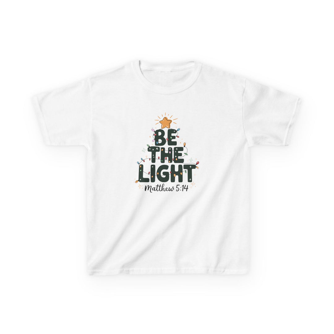 Kids' Be the Light T-shirt with festive tree graphic, colorful lights, and Matthew 5:14 reference, made from durable, soft cotton.