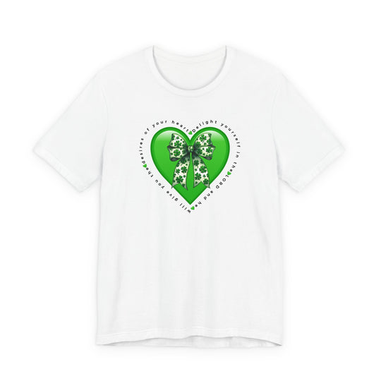 Delight in the LORD Tee featuring a glossy green heart with shamrock bow and inspiring scripture, crafted from soft cotton for a classic, comfortable fit.