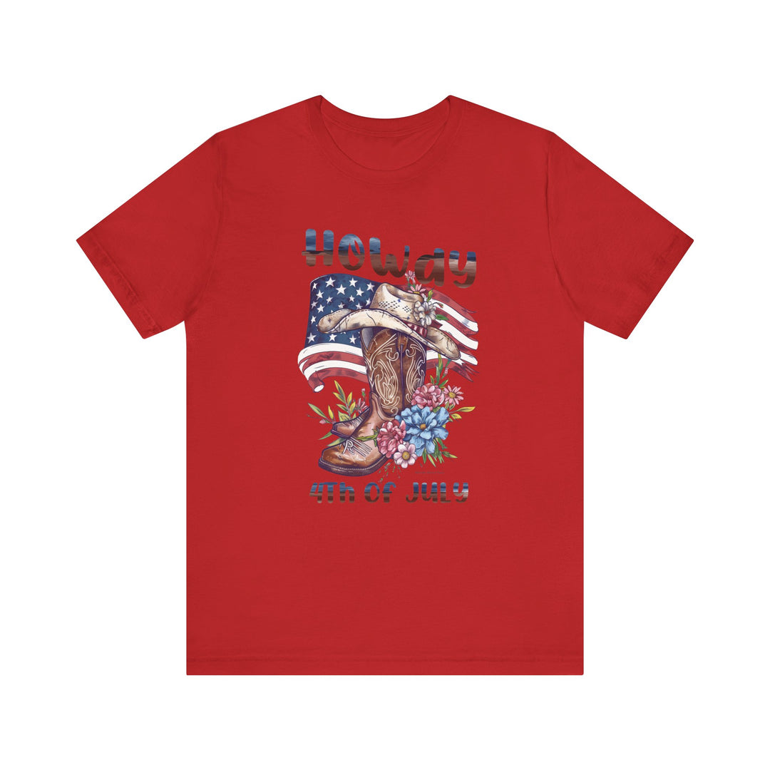 A red shirt featuring a cowboy hat and flowers, embodying a classic Western vibe. Unisex jersey tee with ribbed knit collar, 100% cotton, and a retail fit. Howdy 4th Tee by Worlds Worst Tees.
