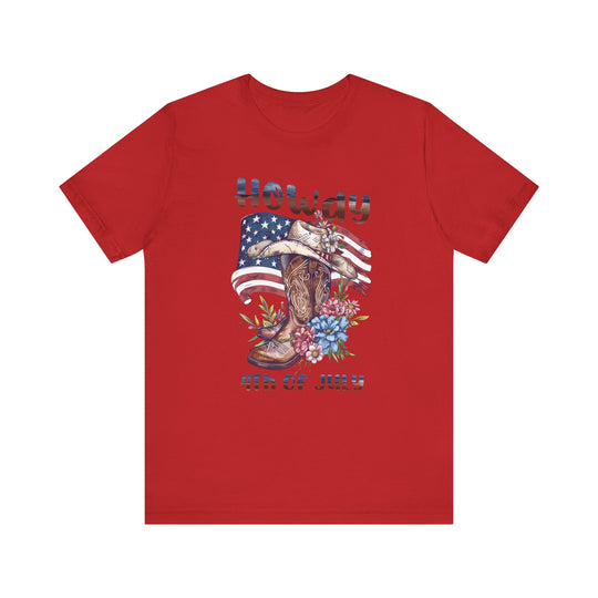 A red shirt featuring a cowboy hat and flowers, embodying a classic Western vibe. Unisex jersey tee with ribbed knit collar, 100% cotton, and a retail fit. Howdy 4th Tee by Worlds Worst Tees.