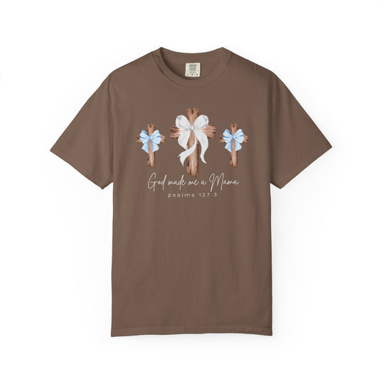 God Made Me a Mama Tee with rustic crosses and script, on a brown Comfort Colors T-shirt, highlighting faith-inspired design and comfort.