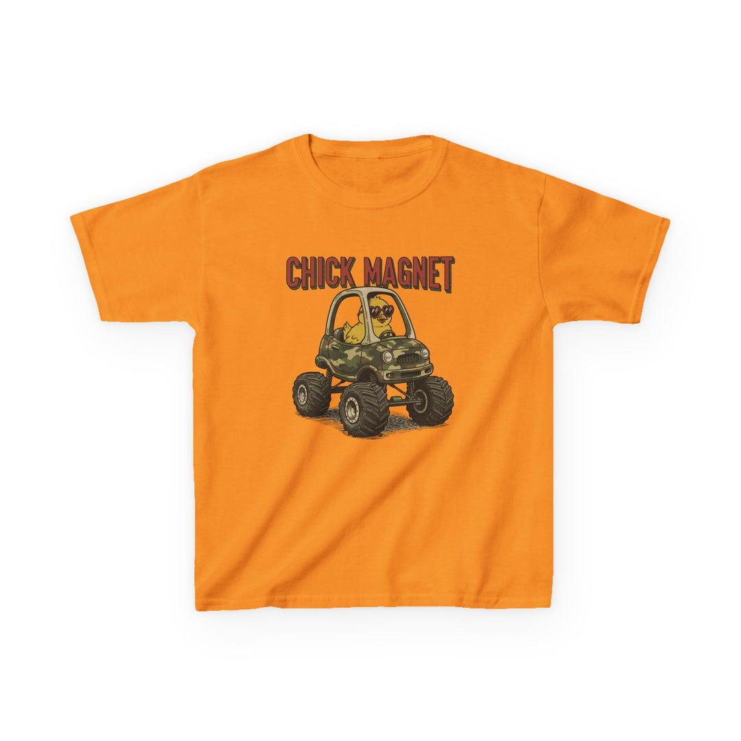 Chick Magnet Kids Tee featuring a cartoon chick in sunglasses driving a camo monster truck with a pun slogan, ideal for everyday wear.