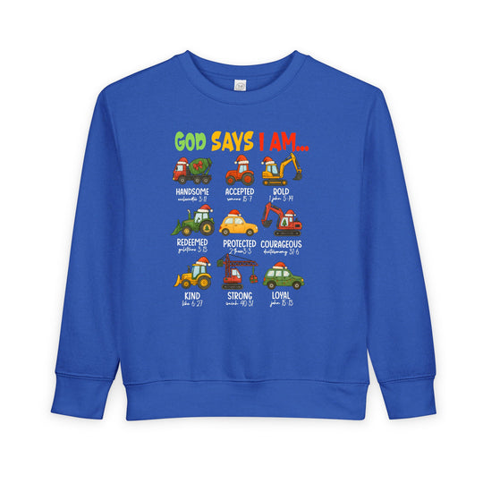 Kid-sized blue sweatshirt with God Says I Am... design; features cartoon vehicles with Santa hats and encouraging words with Bible references for toddlers.