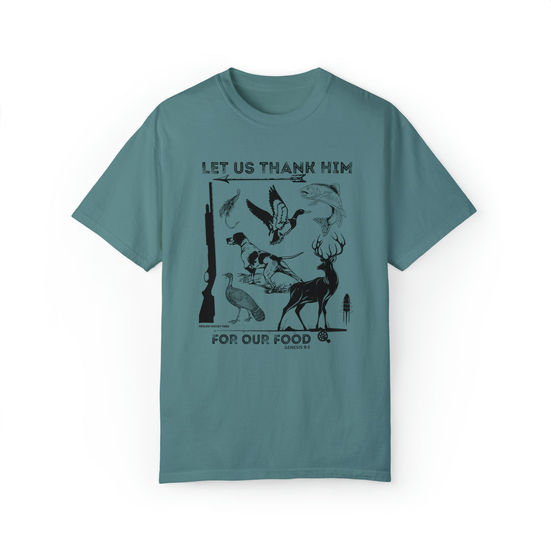 A graphic tee featuring animals and birds, made of 80% ring-spun cotton and 20% polyester, with a relaxed fit and rolled-forward shoulder. From Worlds Worst Tees, the Let Us Thank Him For Our Food Tee.