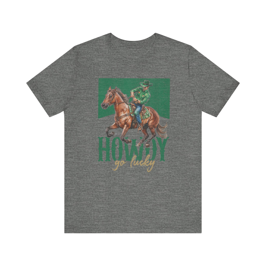Howdy Go Lucky Tee featuring a man riding a horse graphic on the back, classic fit with soft cotton, ribbed knit collars, and durable side seams.