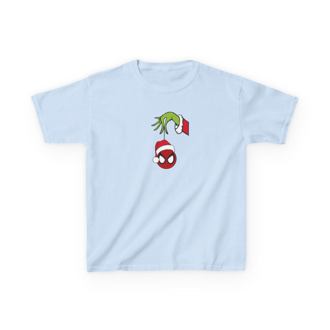 Spider Ball Christmas Kids Tee: Light-blue shirt with a festive graphic of a green hand, Santa sleeve, holding a Spider-Man mask ornament wearing a Santa hat.