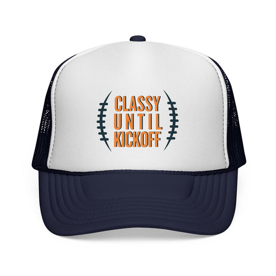 Bronco Trucker Cap with CLASSY UNTIL KICKOFF graphic, features durable polyester front, nylon mesh back, and adjustable snap closure. Ideal for sporty, stylish occasions.